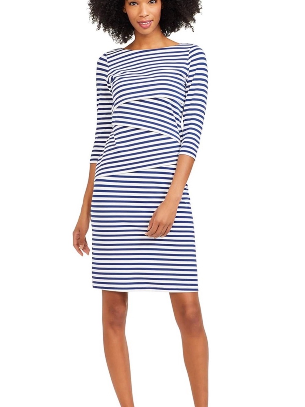 J. McLaughlin Navy and White Striped Three-Quarter Sleeve Sheath Dress